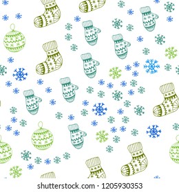 Light Blue, Green vector seamless background with xmas snowflakes, balls, socks, mittens. Colorful xmas elements with gradient. Template for business cards, websites.