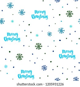 Light Blue, Green vector seamless background with xmas snowflakes. Shining colorful illustration with snow on abstract template. Trendy design for wallpaper, fabric makers.