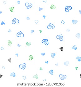 Light Blue, Green vector seamless template with doodle hearts. Glitter abstract illustration with colorful hearts in romantic style. Pattern can be used for valentine's ad, booklets.