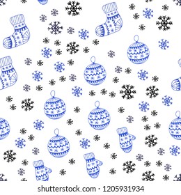 Light Blue, Green vector seamless texture with colored snowflakes, balls, socks, mittens. Colorful decorative design in xmas style. Pattern for design of fabric, wallpapers.