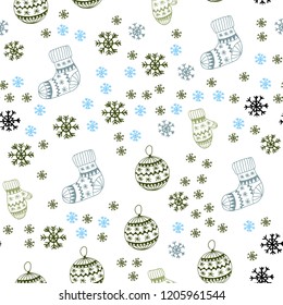 Light Blue, Green vector seamless background with xmas snowflakes, balls, socks, mittens. Colorful xmas elements with gradient. Design for textile, fabric, wallpapers.