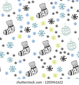 Light Blue, Green vector seamless background with xmas snowflakes, balls, socks, mittens. Colorful illustration with xmas symbols. Design for wallpaper, fabric makers.