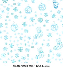 Light Blue, Green vector seamless layout with bright snowflakes, balls, socks, mittens. Glitter abstract illustration with gradient. Design for wallpaper, fabric makers.