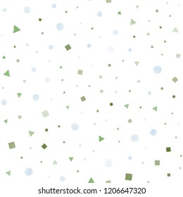 Light Blue, Green vector seamless backdrop with lines, circles, rhombus. Decorative design in abstract style with lines, dots, cubes. Pattern for design of window blinds, curtains.