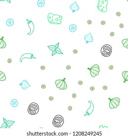 Light Blue, Green vector seamless pattern with fresh ingredients. Beautiful colored illustration with food in doodle style. Template for meal cooking in kitchen.