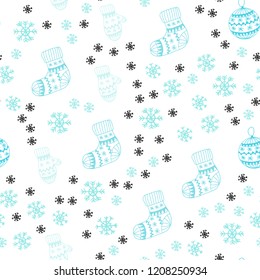 Light Blue, Green vector seamless layout with bright snowflakes, balls, socks, mittens. Shining colorful illustration in christmas style. Pattern for design of fabric, wallpapers.