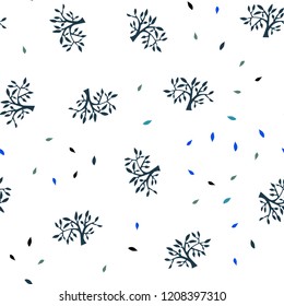 Light Blue, Green vector seamless elegant pattern with leaves, branches. Decorative design in Indian style on white background. Texture for window blinds, curtains.