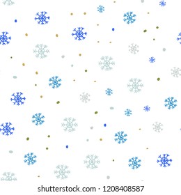 Light Blue, Green vector seamless pattern with christmas snowflakes. Shining colorful illustration with snow in christmas style. Design for textile, fabric, wallpapers.