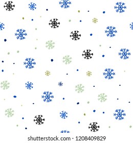 Light Blue, Green vector seamless layout with bright snowflakes. Modern geometrical abstract illustration with snowflakes. Template for business cards, websites.