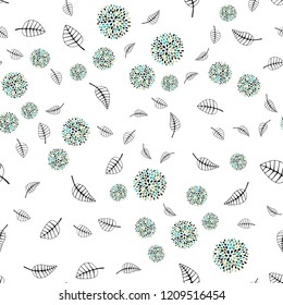 Light Blue, Green vector seamless doodle backdrop with leaves, flowers. Design in Indian style on white background. Pattern for design of window blinds, curtains.