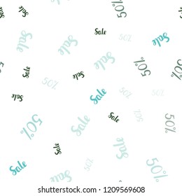 Light Blue, Green vector seamless texture with selling prices 50 %. Colored words of sales with gradient on white background. Design for business ads, commercials.