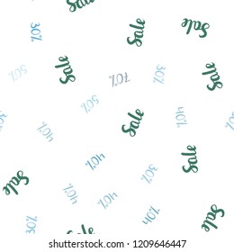 Light Blue, Green vector seamless texture with selling prices 30, 40, 50, 70 %. Gradient illustration with discount signs on white backdrop. Template for season sales, shopping ads.