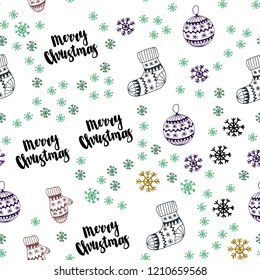 Light Blue, Green vector seamless texture with colored snowflakes, balls, socks, mittens. Colorful illustration with xmas symbols. Design for wallpaper, fabric makers.