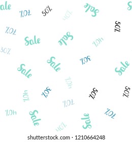 Light Blue, Green vector seamless pattern with 30, 40, 50 percentage signs. Gradient illustration with discount signs on white backdrop. Backdrop for ads, leaflets of Black Friday.