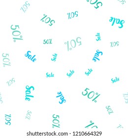 Light Blue, Green vector seamless background with 50 % signs of sales. Gradient illustration with discount signs on white backdrop. Backdrop for mega promotions, discounts.