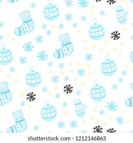 Light Blue, Green vector seamless pattern with christmas snowflakes, balls, socks, mittens. Modern geometric abstract illustration. Design for textile, fabric, wallpapers.