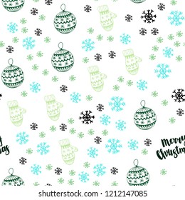 Light Blue, Green vector seamless layout with bright snowflakes, balls, socks, mittens. Colorful decorative design in xmas style. Pattern for trendy fabric, wallpapers.
