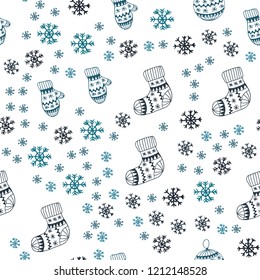 Light Blue, Green vector seamless background with xmas snowflakes, balls, socks, mittens. Colorful xmas elements with gradient. Design for wallpaper, fabric makers.
