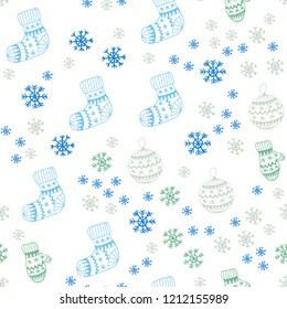Light Blue, Green vector seamless texture with colored snowflakes, balls, socks, mittens. Colorful xmas elements with gradient. Design for wallpaper, fabric makers.
