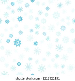 Light Blue, Green vector seamless texture with colored snowflakes. Blurred decorative design in xmas style with snow. Pattern for design of fabric, wallpapers.