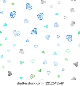 Light Blue, Green vector seamless layout with sweet hearts. Glitter abstract illustration with colorful hearts in romantic style. Pattern for carnival, festival romantic leaflets.