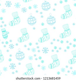 Light Blue, Green vector seamless layout with bright snowflakes, balls, socks, mittens. Colorful decorative design in xmas style. Texture for window blinds, curtains.