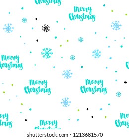 Light Blue, Green vector seamless texture with colored snowflakes. Colorful decorative design in xmas style with snow. Pattern for trendy fabric, wallpapers.