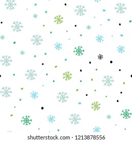 Light Blue, Green vector seamless background with xmas snowflakes. Glitter abstract illustration with crystals of ice. Pattern for design of fabric, wallpapers.