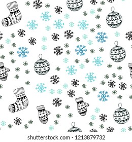 Light Blue, Green vector seamless texture with colored snowflakes, balls, socks, mittens. Colorful decorative design in xmas style. Texture for window blinds, curtains.