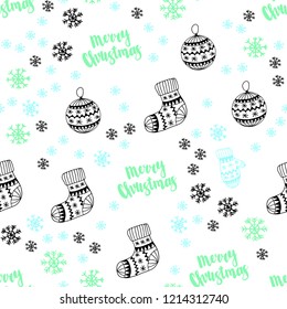 Light Blue, Green vector seamless template with ice snowflakes, balls, socks, mittens. Modern geometric abstract illustration. Design for textile, fabric, wallpapers.