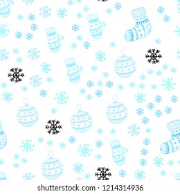 Light Blue, Green vector seamless layout with bright snowflakes, balls, socks, mittens. Colorful illustration with xmas symbols. Texture for window blinds, curtains.