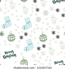 Light Blue, Green vector seamless layout with bright snowflakes, balls, socks, mittens. Colorful illustration with xmas symbols. Pattern for design of fabric, wallpapers.