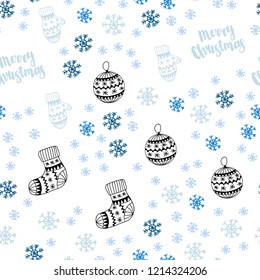 Light Blue, Green vector seamless template with ice snowflakes, balls, socks, mittens. Modern geometric abstract illustration. Texture for window blinds, curtains.