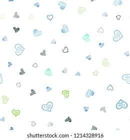 Light Blue, Green vector seamless texture with lovely hearts. Decorative shining illustration with hearts on abstract template. Pattern for marriage gifts, congratulations.