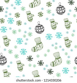 Light Blue, Green vector seamless template with ice snowflakes, balls, socks, mittens. Shining colorful illustration in christmas style. Design for textile, fabric, wallpapers.