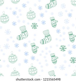 Light Blue, Green vector seamless template with ice snowflakes, balls, socks, mittens. Colorful xmas elements with gradient. Design for textile, fabric, wallpapers.