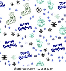 Light Blue, Green vector seamless pattern with christmas snowflakes, balls, socks, mittens. Shining colorful illustration in christmas style. Design for textile, fabric, wallpapers.