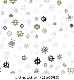 Light Blue, Green vector seamless cover with beautiful snowflakes. Shining colored illustration with snow in christmas style. Template for business cards, websites.