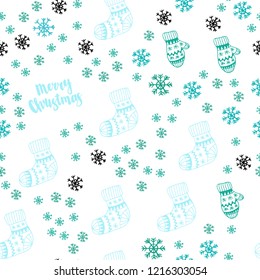 Light Blue, Green vector seamless template with ice snowflakes, balls, socks, mittens. Modern geometric abstract illustration. Design for textile, fabric, wallpapers.