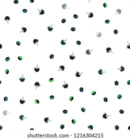 Light Blue, Green vector seamless texture with coffee beans, mugs. Glitter abstract backdrop with gradient mugs, coffee grains. Doodle design for your business advert of cafes.