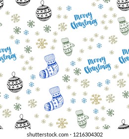 Light Blue, Green vector seamless pattern with christmas snowflakes, balls, socks, mittens. Glitter abstract illustration with gradient. Design for wallpaper, fabric makers.