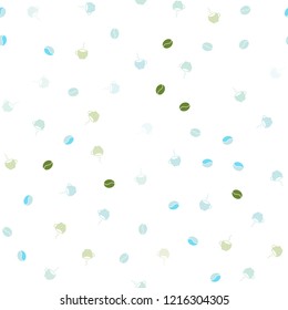 Light Blue, Green vector seamless cover with set of coffee beans. Colorful illustration with gradient coffee beans, mugs. Template of a black hot beverage in a cafe.