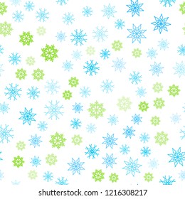 Light Blue, Green vector seamless cover with beautiful snowflakes. Glitter abstract illustration with crystals of ice. Template for business cards, websites.