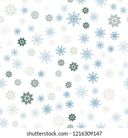 Light Blue, Green vector seamless cover with beautiful snowflakes. Modern geometrical abstract illustration with crystals of ice. Template for business cards, websites.