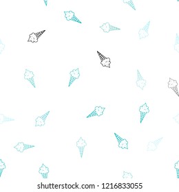 Light Blue, Green vector seamless cover with sundae ice-cream. Illustration with set of delicious sweet ice-cream cones. Doodle design for your business advert of cafes.