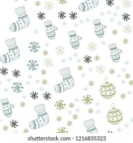 Light Blue, Green vector seamless template with ice snowflakes, balls, socks, mittens. Modern geometric abstract illustration. Template for business cards, websites.