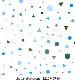 Light Blue, Green vector seamless background with triangles, circles. Decorative design in abstract style with lines, dots. Pattern for design of fabric, wallpapers.