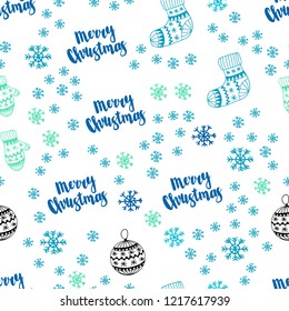 Light Blue, Green vector seamless cover with beautiful snowflakes, balls, socks, mittens. Modern geometric abstract illustration. Template for business cards, websites.