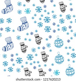 Light Blue, Green vector seamless template with ice snowflakes, balls, socks, mittens. Shining colorful illustration in christmas style. Pattern for design of fabric, wallpapers.