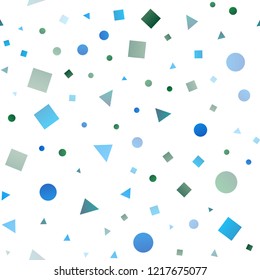 Light Blue, Green vector seamless texture in poly style with circles, cubes. Circles, lines, rhombus with colorful gradient. Design for textile, fabric, wallpapers.